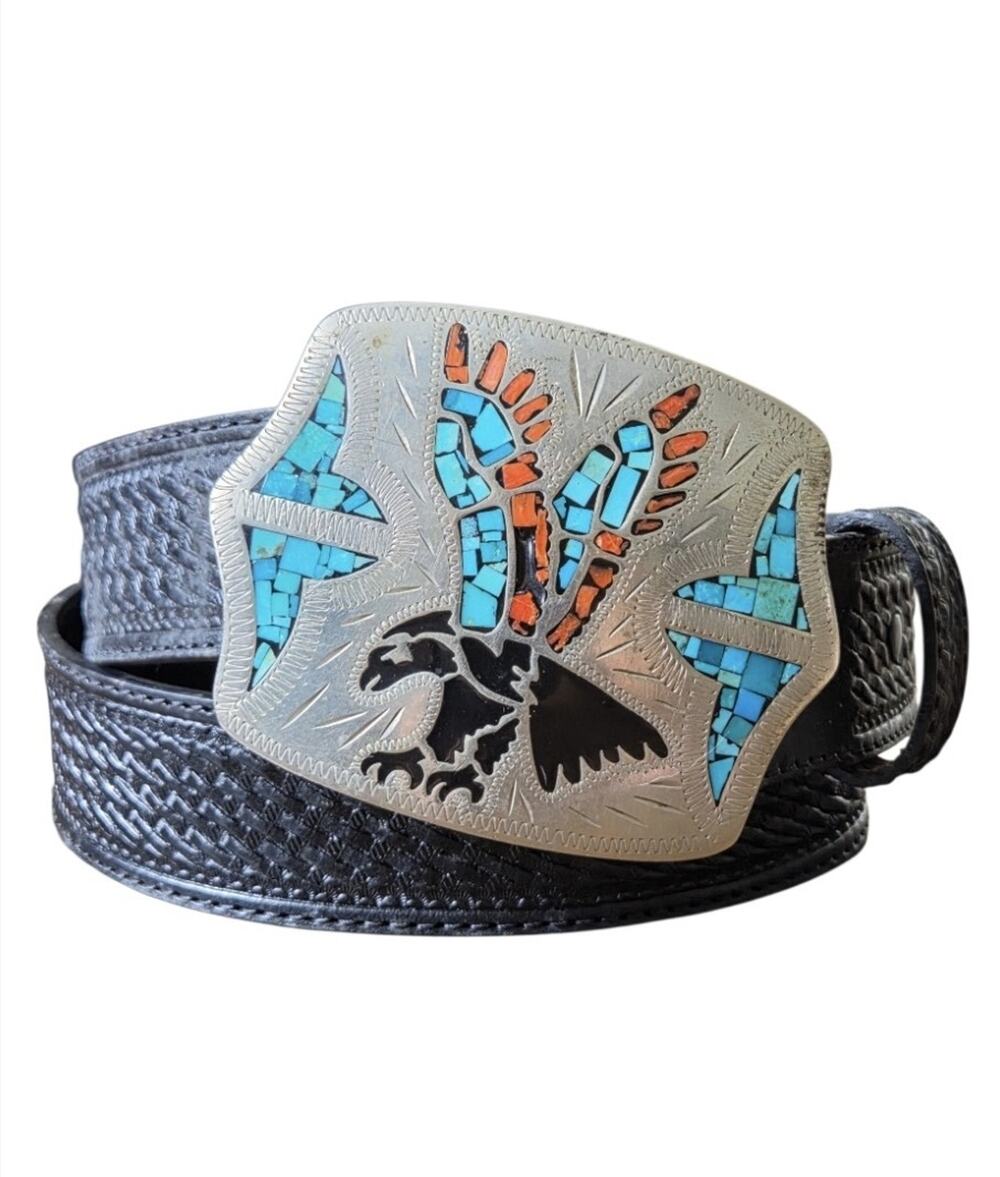 Johnson & Held Eagle Turquoise Coral Inlay Western Belt Buckle w/ Tooled Belt 38